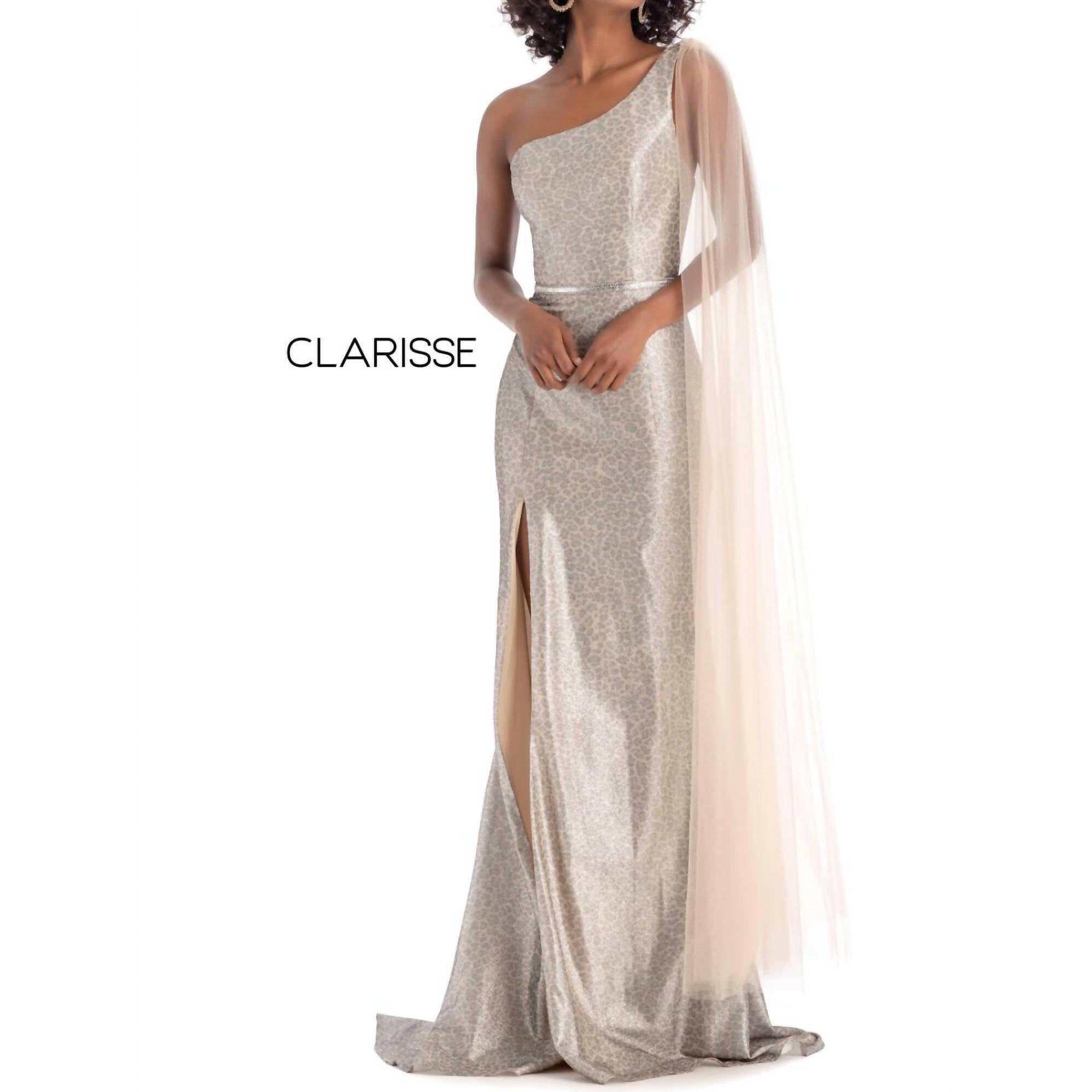 New Clarisse Champagne Print Evening Gown In Champagne Print
